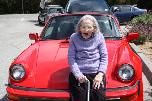 Priscilla Nesbitt Laughing at my poor Pun - at 100, Arriving at Carmel Library Friends Book Sale