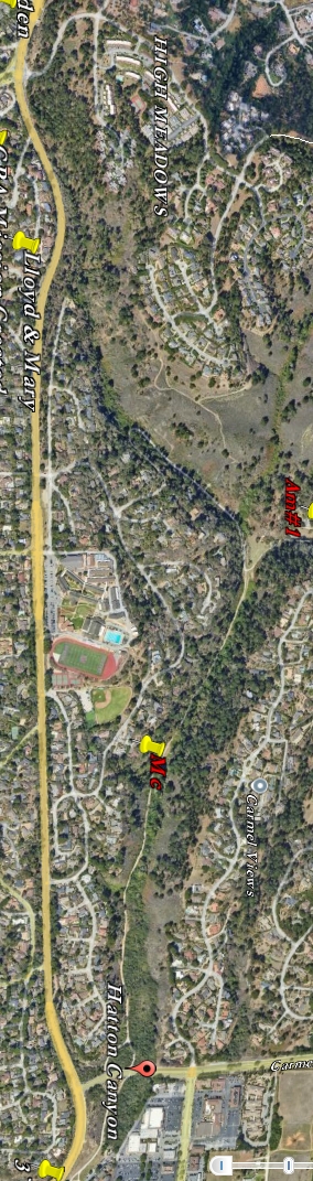 Hatton Canyon (green vegetation) to the right of Highway one (yellow)